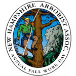 A vintage-feeling illustrated design shows an arborist climbing a pine tree with a chainsaw, with a view of the "Old Man of the Mountain" geological feature on Cannon Mountain in the background.