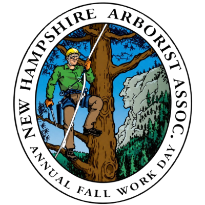 A vintage-feeling illustrated design shows an arborist climbing a pine tree with a chainsaw, with a view of the "Old Man of the Mountain" geological feature on Cannon Mountain in the background.